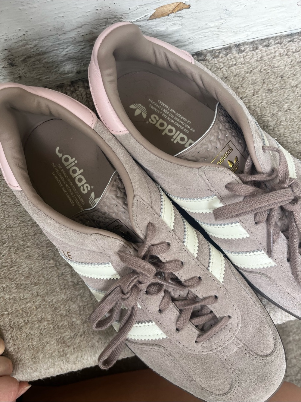 adidas women’s Suede Sneakers in Taupe, White & Pink Accents - Picture 6 of 6